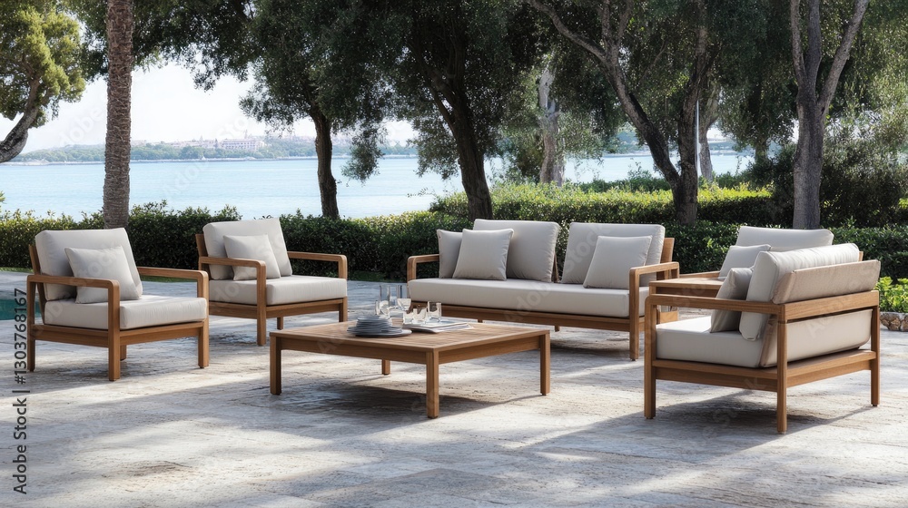 Modern Scandinavian outdoor lounge with sleek furniture, neutral colors, and a small wooden coffee table. Modern Scandinavian outdoor lounge with sleek furniture, neutral colors, and a small wooden coffee table.