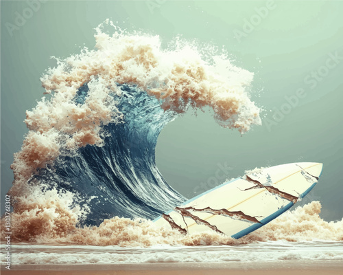 Dynamic Vector Illustration of a Crashing Ocean Wave with Broken Surfboard in Splendid Turquoise Waters - Perfect for Surf and Adventure Design Projects