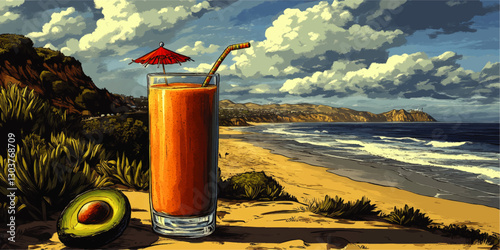 Tropical Beachside Avocado Smoothie with Scenic Ocean View, Perfect Vacation Vibes, Nature-Inspired Art, Vibrant Summer, Seaside Landscape, Refreshing Drink