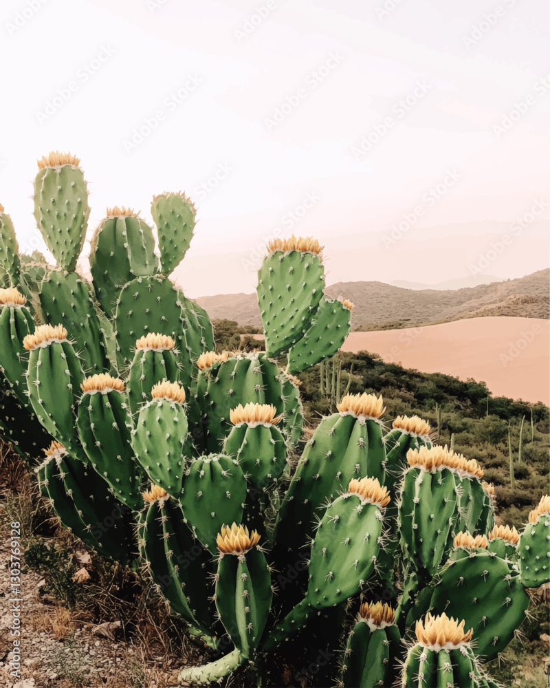 Beautiful Desert Vector Art Featuring Vibrant Green Saguaro Cactus with Yellow Blooms Against Serene Mountain Landscape – Perfect for Natural-Themed Decor