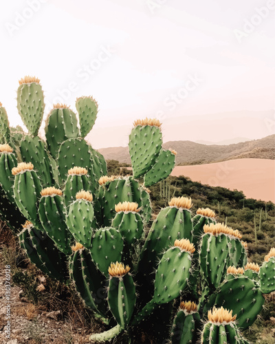 Beautiful Desert Vector Art Featuring Vibrant Green Saguaro Cactus with Yellow Blooms Against Serene Mountain Landscape – Perfect for Natural-Themed Decor