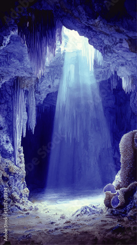 Stunning Vector Illustration of Sunlit Ocean Cave with Majestic Stalactites and Coral, Underwater Exploration, Beauty of Marine Cavern, Blue Palette Art