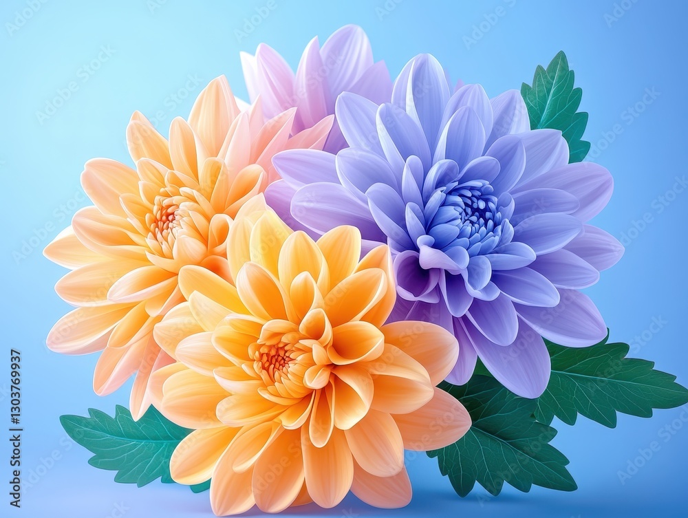 Obraz premium Vibrant bouquet of orange and purple flowers against a soft blue background