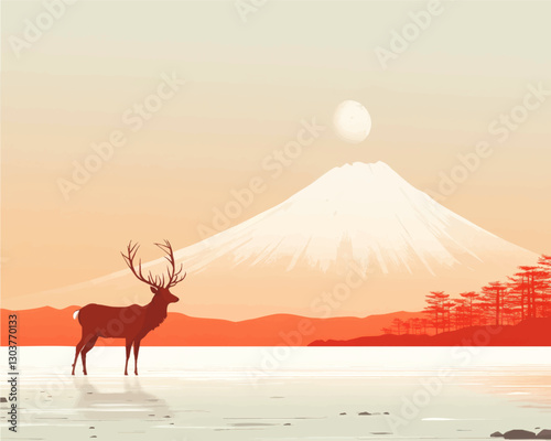 Stunning Vector Illustration of a Deer Silhouette by Tranquil Lake with Majestic Snowy Mountain and Pine Trees at Sunrise in Serene Japanese Landscape