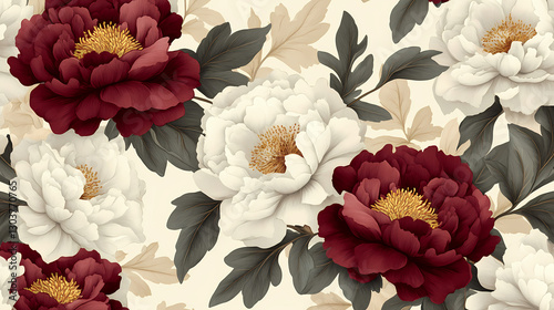Fototapeta Naklejka Na Ścianę i Meble -  Floral wallpaper featuring cream and burgundy peonies with leaves. Flourish - Tree. Illustration