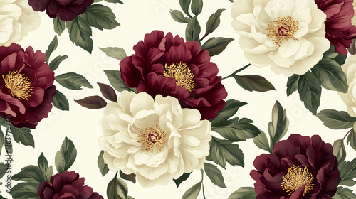 Fototapeta Naklejka Na Ścianę i Meble -  Floral wallpaper featuring cream and burgundy peonies with leaves. Flourish - Tree. Illustration