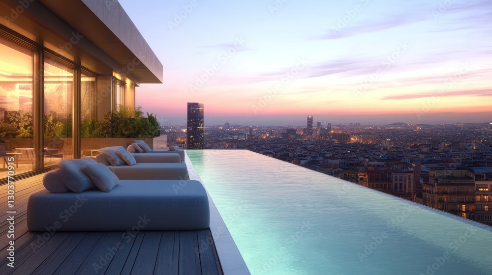 Fototapeta premium Luxury Rooftop Infinity Pool with City Skyline at Sunset