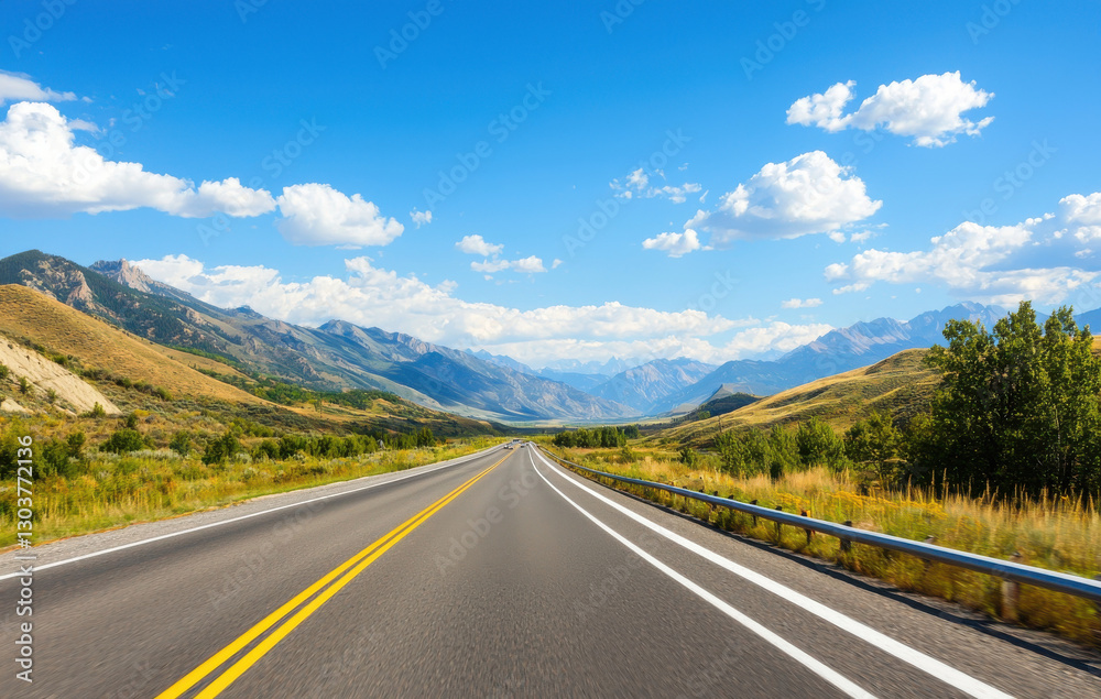 Fototapeta premium scenic road trip view with open highway, mountains, and blue sky