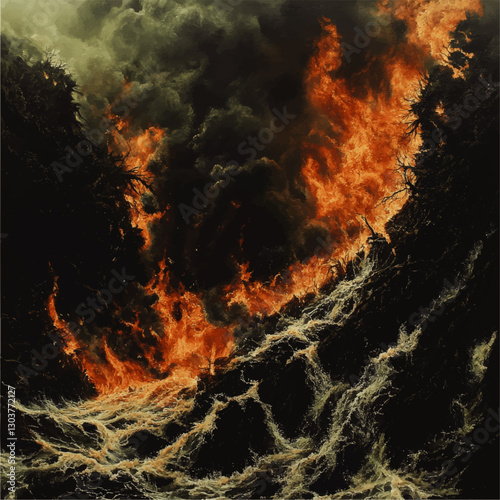 Dramatic Vector Art of Raging Fire and Water Clash in Epic Natural Phenomenon; Fiery Explosion and Torrential Waves in Intense Nature Battle Scene