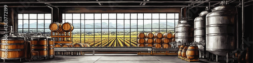 Explore Industrial Winery Interior with Stainless Steel Tanks and Oak Barrels Overlooking Vineyard Landscape Through Large Windows in Vector Art