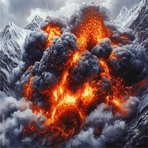 Explosive Volcanic Eruption in Snowy Mountains Vector Art - Intense Lava Flow and Ash Cloud Abstract with Dramatic Landscape - Perfect for Environmental Art Lovers