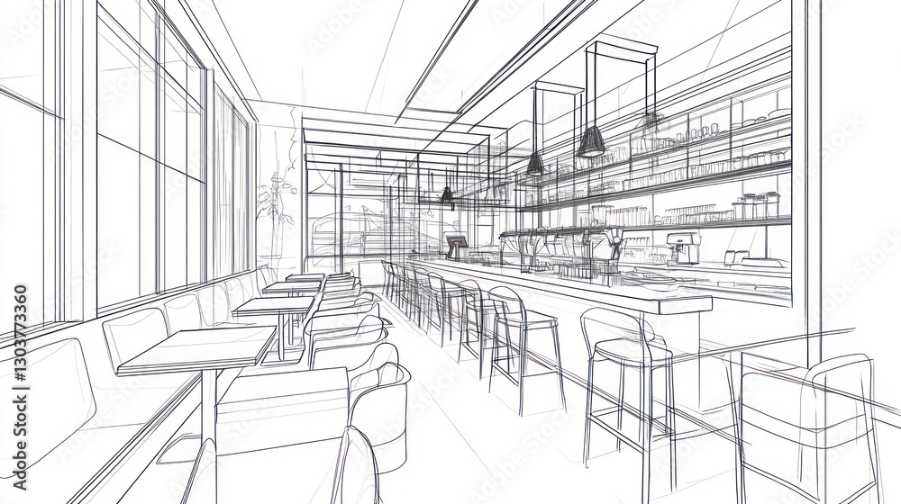 Fototapeta premium Interior architectural sketch of a modern cafe