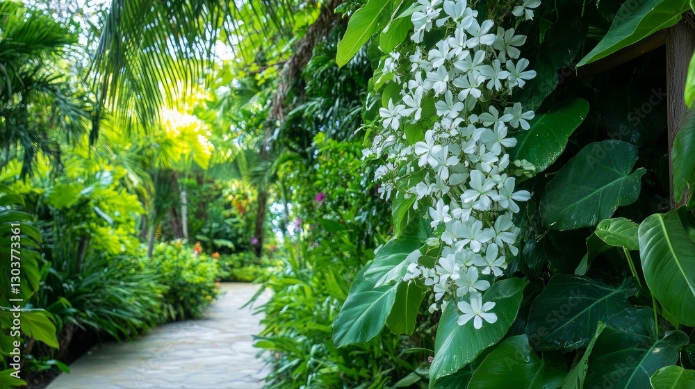 Fototapeta premium Stephanotis flowering vine, hanging on a garden trellis with lush greenery in the background