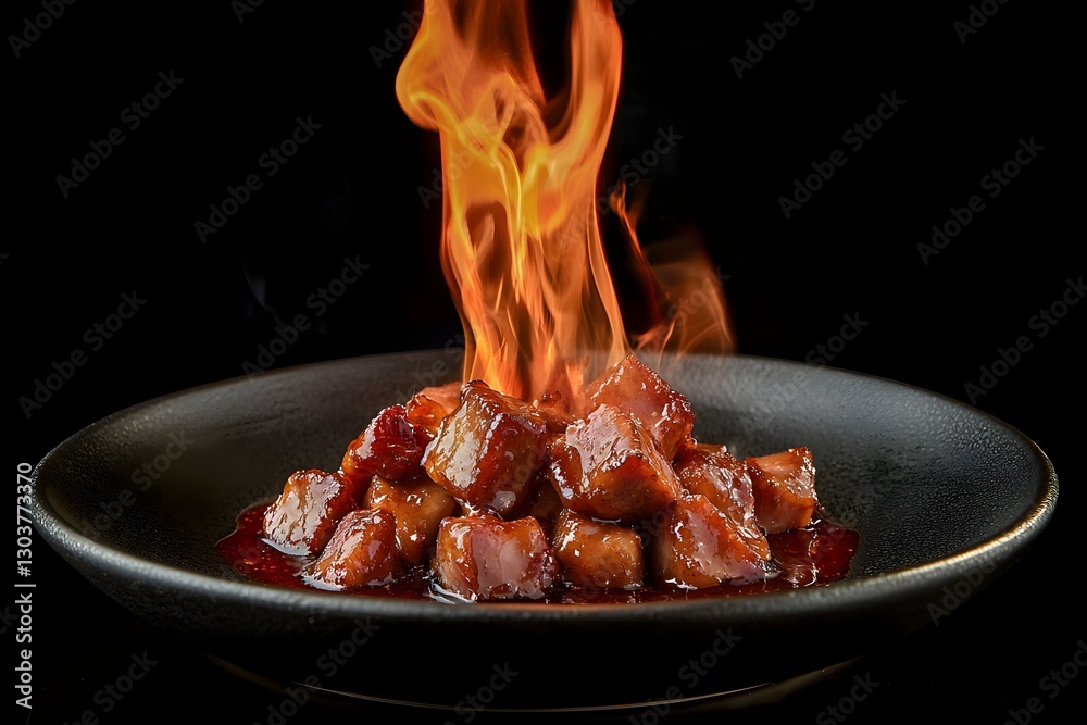 Flaming Asian BBQ Pork Cubes Delicious Grilled Meat Dish in Black Bowl Flaming Asian BBQ Pork Cubes Delicious Grilled Meat Dish in Black Bowl