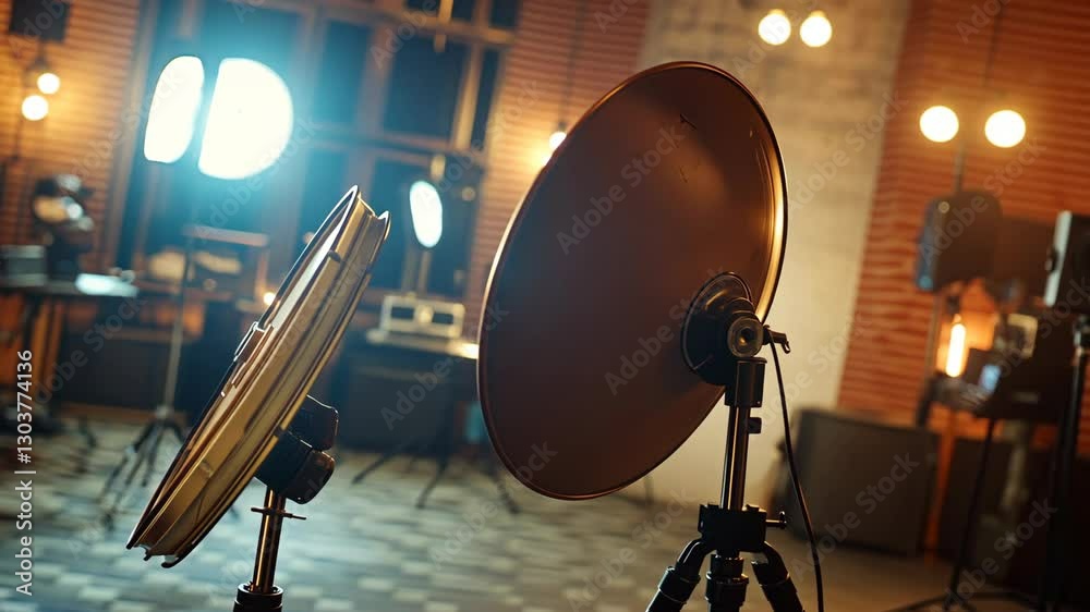 Photography equipment setup in a modern studio with soft lighting and technical gear arranged for a session Photography equipment setup in a modern studio with soft lighting and technical gear arranged for a session