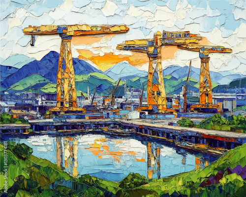 Vibrant Vector Illustration of Shipyard with Industrial Cranes, Mountain Landscape, and Water Reflection - Perfect for Construction and Maritime Industry Themes