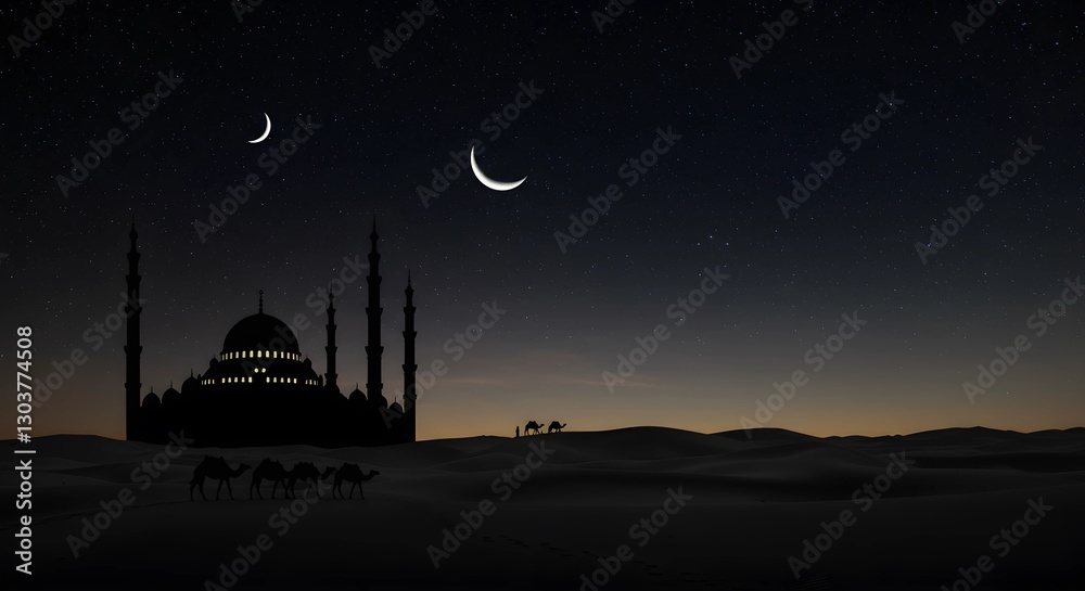 Obraz premium A serene desert scene at dusk with a camel and a mosque silhouette under a crescent moon