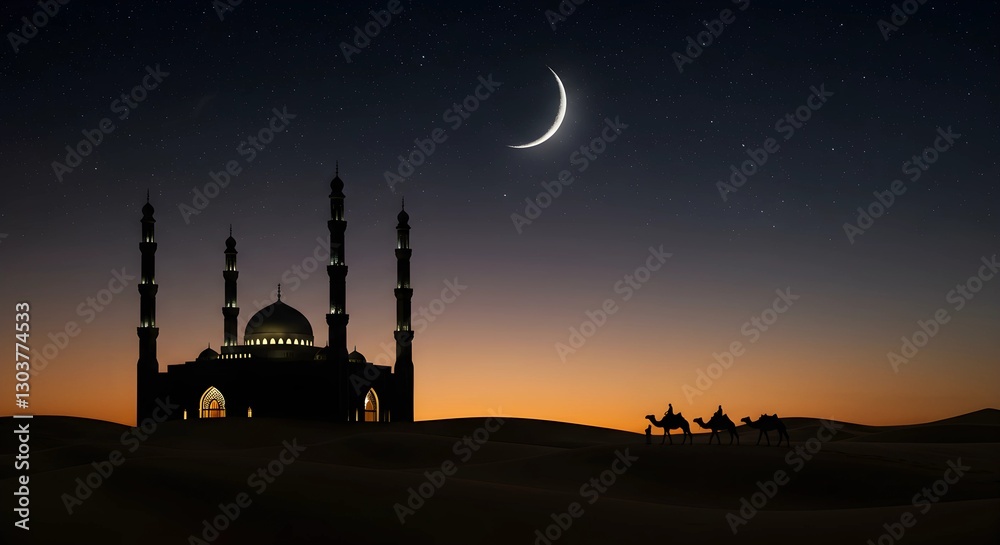 Obraz premium A serene desert scene at dusk with a camel and a mosque silhouette under a crescent moon