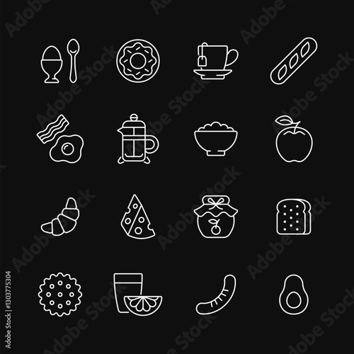 Breakfast line white icon set on black background. Vector collection symbol with egg, donut, apple, croissant, avocado, tea cup, toast, coffee. Editable stroke.