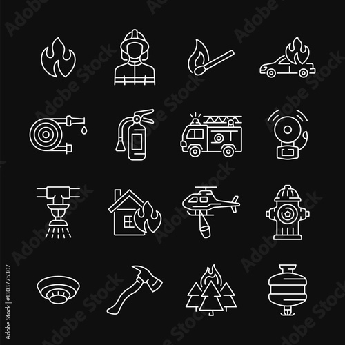 Firefighting line vector white icon set. Fire department symbol with fire, fire hose, firefighter, extinguisher, fire engine, sprinkler system, burning house, helicopter, hydrant. Editable stroke.