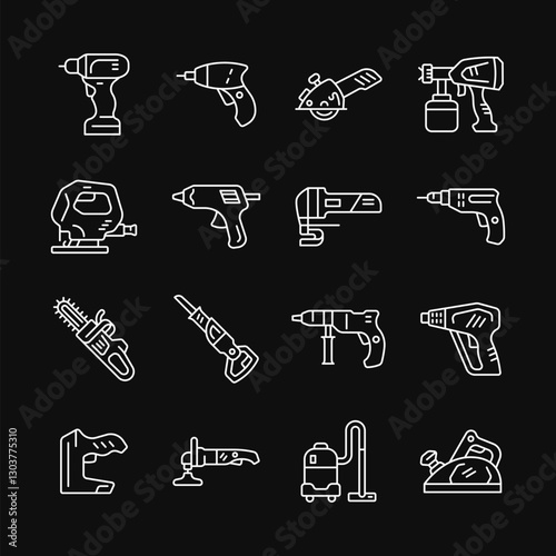 Power tools line white icon set on black background. Vector collection electric instrument with drill, jigsaw, stapler, planer, screwdriver, saw. Editable stroke.