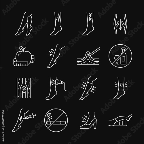 Varicose veins line white icon set. Leg veins thrombosis disease. Treatment, surgery and prevention of varicose veins vector with ultrasaund, ulcer, phlebectomy, laser coagulation. Editable stroke.