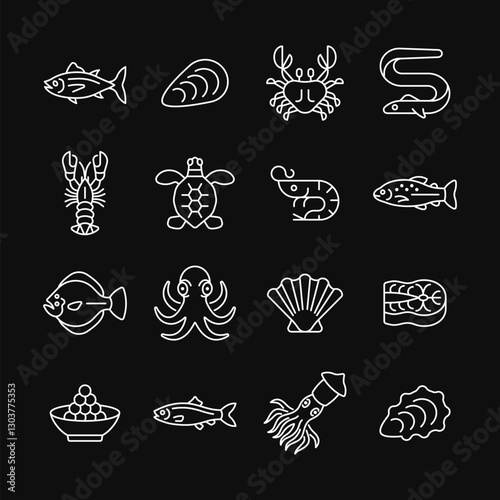 Seafood line white icon set on black background. Vector collection with tuna, crab, lobster, shrimp, trout, caviar, squid, octopus. Editable stroke.