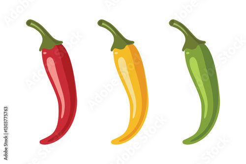 Chili Peppers Vector Set, Isolated. Red, Yellow, Green Hot Peppers, Spicy Food Ingredients, Mexican Cuisine, Fresh Organic Vegetables. Vector Illustration for Food Design