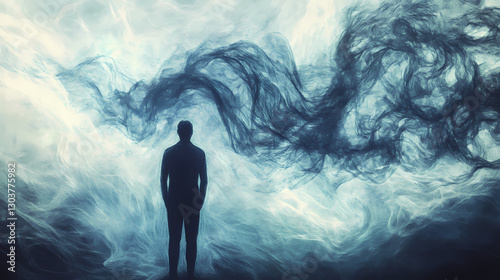 Complex problemsolving visualization, man confronting tangled thoughts, chaotic mind, creative breakthrough, abstract representation of tangled ideas leading to clarity. Clarity - Mist. Illustration photo