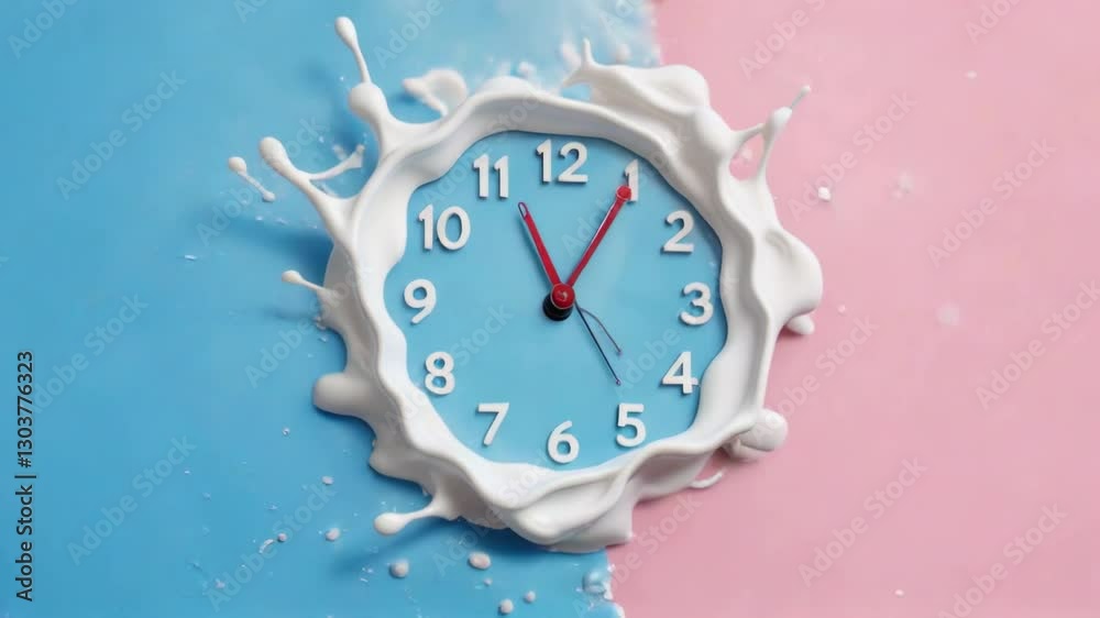 Creative splashing milk clock concept with blue minimalist background