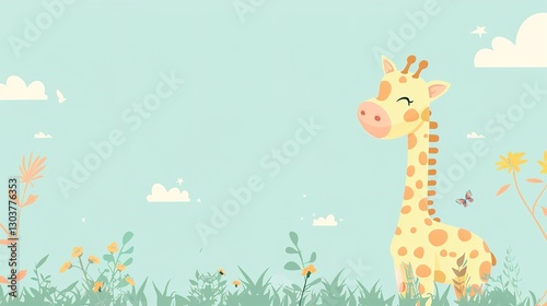 a  charming giraffe stretches its speckle neck across a sun-kissed savanna backdrop,