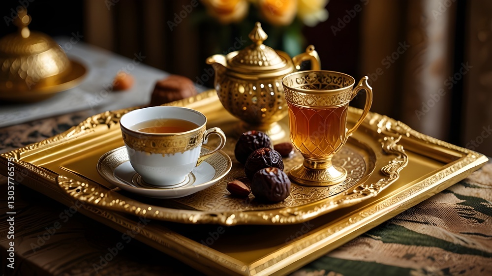 Fototapeta premium Tea and date setup on a luxurious golden tray with Eid celebration elements