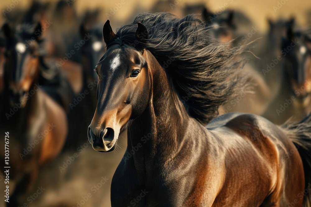 Obraz premium Wild Black Brown Horses Running Close-up. Horse herd.