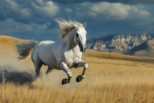White Horse Running in Open Field. Free Wild Mustang Horse. Nature, Equestrian, Editorial, Inspirational