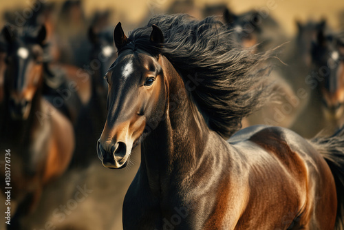 Wild Black Brown Horses Running Close-up. Horse herd.