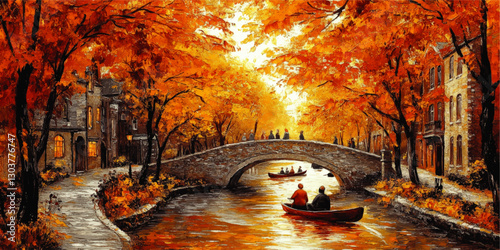 Serene Autumn River Scene with Boats and Stone Bridge in Vibrant Fall Colors Vector Artwork for Seasonal Decor and Nature Lovers
