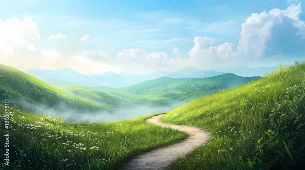 Fototapeta premium A serene landscape features a forked path intersecting in lush green hills under a clear blue sky, perfect for contemplation and decision-making. Clarity - Mist. Illustration