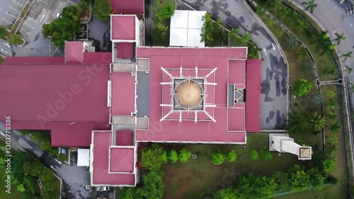 Aerial top down view of a mosque in malaysia showing unique architecture