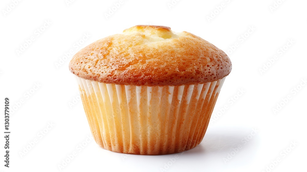 A freshly baked muffin with a golden brown top isolated on a white background A freshly baked muffin with a golden brown top isolated on a white background