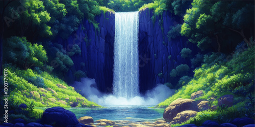 Lush Waterfall in Sunlit Forest Clearing - Beautiful Scenic Nature Vector Illustration with Greenery, Rocks, Sunlight, and Cascading Waterfall