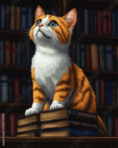 Charming Vector Image of Curious Orange Tabby Cat with Blue Eyes Sitting on Stack of Books in Library Filled with Colorful Shelves and Inspirational Surroundings