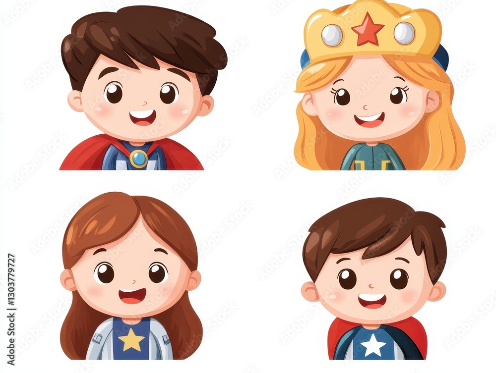 Four cheerful children dressed as superheroes, showcasing their unique costumes and expressions against a bright background Four cheerful children dressed as superheroes, showcasing their unique costumes and expressions against a bright background