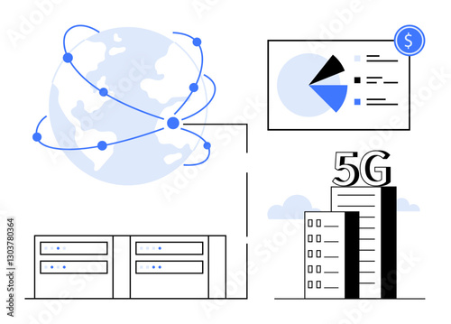 Connected globe with data points, server buildings, data chart, and 5G skyscraper. Ideal for technology, innovation, networking, telecommunications, global business data analytics future trends