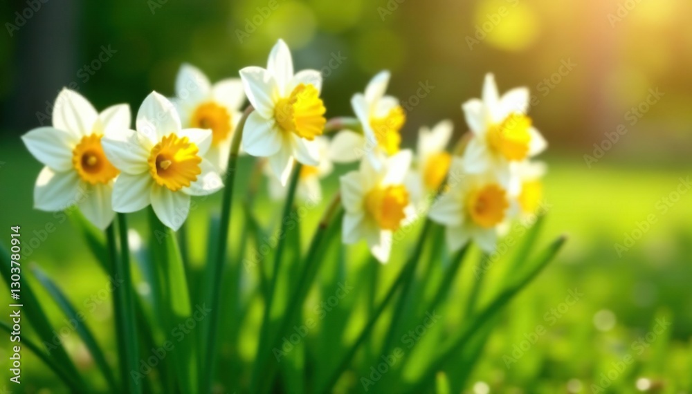 White petals with bright yellow centers in a sunny garden, green grass, daffodils White petals with bright yellow centers in a sunny garden, green grass, daffodils
