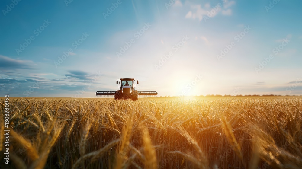 Fototapeta premium Tractor at Sunrise in Golden Wheat Field