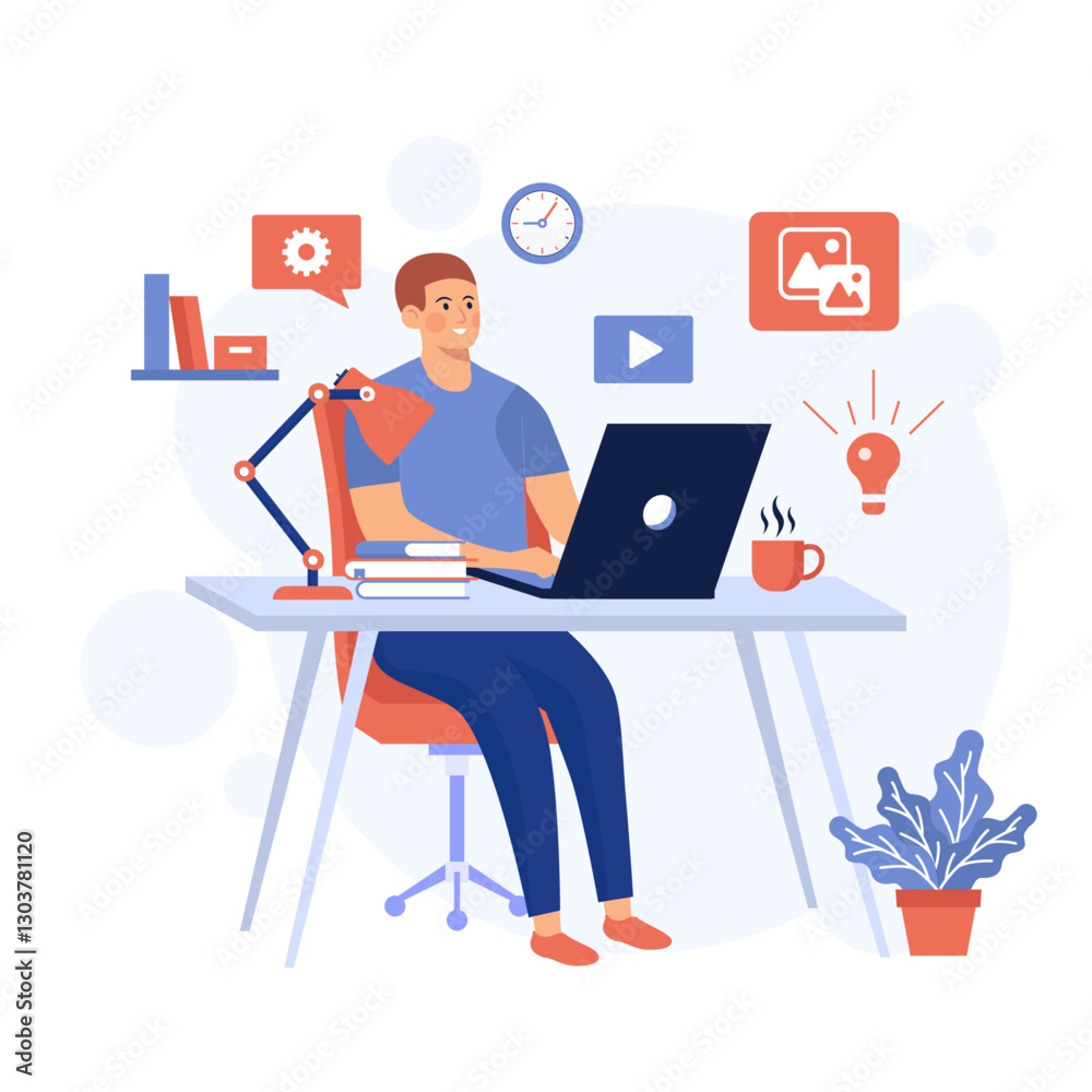 Freelancer working on laptop creative digital illustration with productivity icons,workspace elements, and technology themes for remote work, online jobs, business concepts, and modern design projects Freelancer working on laptop creative digital illustration with productivity icons,workspace elements, and technology themes for remote work, online jobs, business concepts, and modern design projects