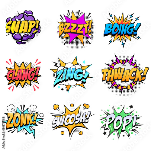 Comic Style Sound Effect Text Collection, Colorful Pop Art Explosion Speech Bubbles, Cartoon Action Words, Retro Vintage Comic Book Elements, Dynamic Typography, Onomatopoeia Expression Vector