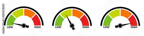 Risk meter gauge with color-coded levels from low to high. Business risk assessment, financial evaluation, and performance measurement concept. Vector illustration for analysis, data visualization.