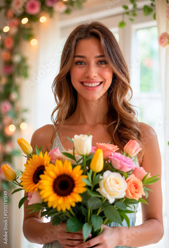 Wallpaper Mural happy and cheerful woman holding a bouquet of flowers Torontodigital.ca