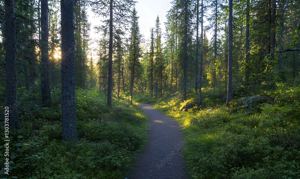 Obraz premium ahmadwahyuutomo776@gmail.com A serene forest path bathed in warm, golden light, perfect for nature-themed projects and imagery.